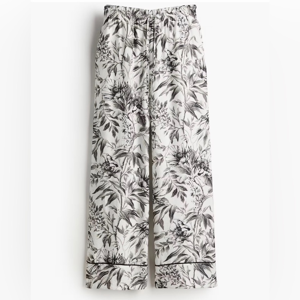 H&M WIDE PULL-ON TROUSERS - gray/black/white floral - size large